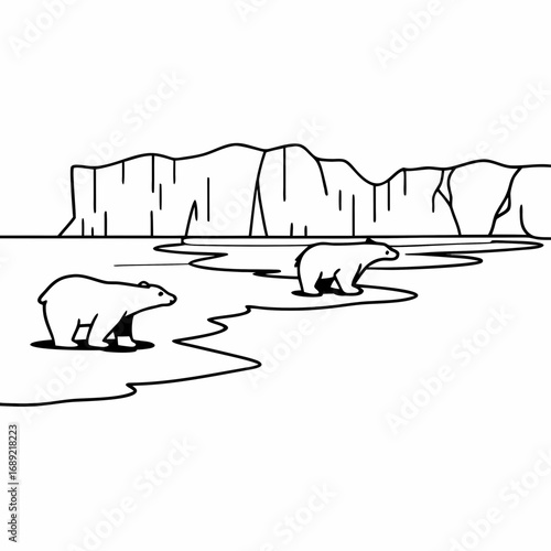 Two polar bears walking on ice floes with a large iceberg in the background black and white line art illustration