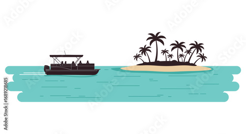 a boat near an island with palm trees and blue water