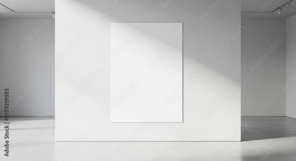 Fototapeta premium A blank white rectangular canvas hangs on a clean white wall in a modern art gallery with sunlight casting diagonal shadows.
