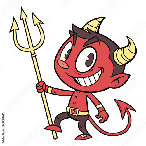 Cheerful Cartoon Devil with Golden Horns and Trident | Cute Mischievous Demon Character