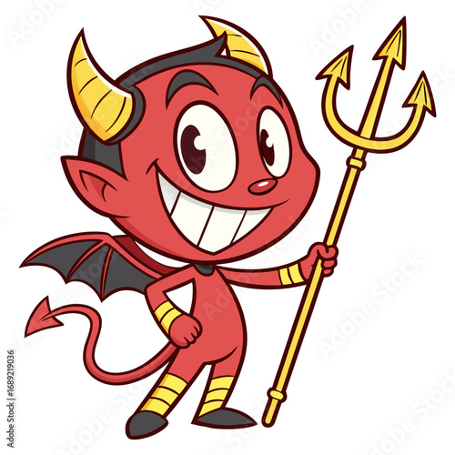 Cheerful Cartoon Devil with Golden Horns and Trident | Cute Mischievous Demon Character