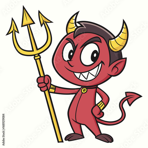 Cheerful Cartoon Devil with Golden Horns and Trident | Cute Mischievous Demon Character