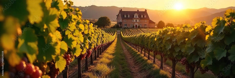 Naklejka premium Golden hour sunlight bathes rows of ripe grapes in a picturesque vineyard, leading to a charming winery building in the distance A perfect autumn harvest scene , countryside, idyllic, foliage