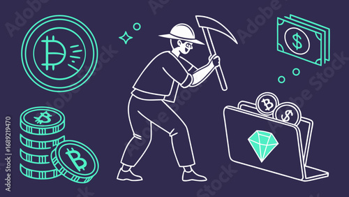 Illustration of a miner with pickaxe mining for bitcoins and money with a dark blue background