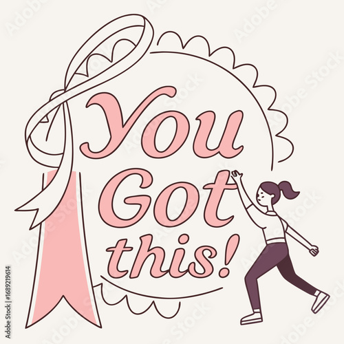 Illustration of a woman reaching for a you got this message with a ribbon and scalloped edge