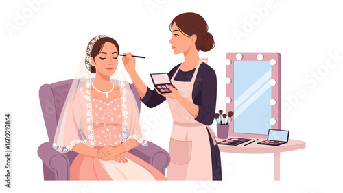 Bridal makeup artist meticulously applying cosmetics to a bride seated in a chair with a vanity mirror nearby