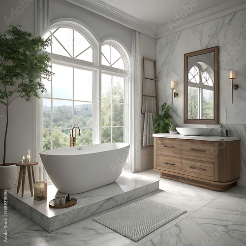 Wallpaper Mural Luxurious Elegant Minimalist Bathroom Interior with White Bathtub, Marble Platform, and Wooden Vanity, Ai Generated Torontodigital.ca