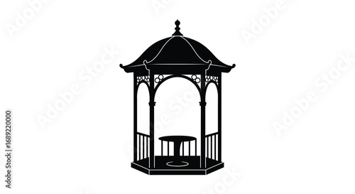 a classic gazebo silhouette with intricate roof design and detailed railings