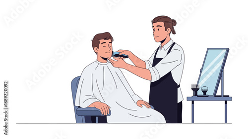 Skilled barber meticulously trims a client s beard and mustache in a modern salon setting with a mirror