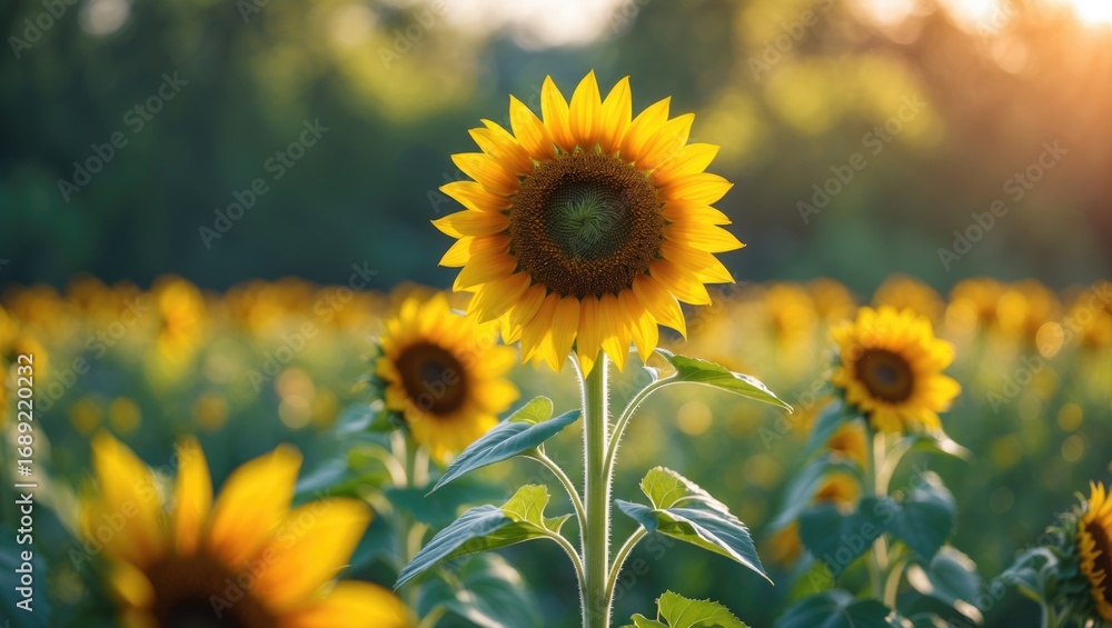 Obraz premium Sunflower field during sunset with vibrant yellow flowers, green leaves, and warm lighting. Nature and agriculture, concept. The beauty of sunflowers and sunset scenery.