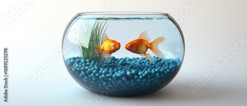Two Goldfish in a Glass Bowl, Blue Pebbles, Aquatic Life, Minimalist Design.