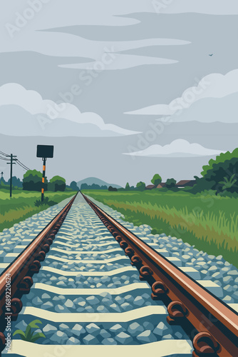 A scenic illustration of a railway track stretching into the distance, surrounded by green fields and trees under a cloudy sky. The perspective view emphasizes depth, leading the eye toward the horizo