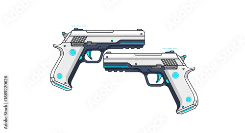 Two futuristic white and blue handguns with glowing accents, side by side.