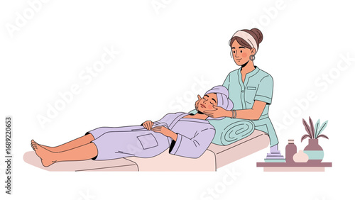 Skilled esthetician gently performing a relaxing facial treatment on a reclining client in a serene spa setting