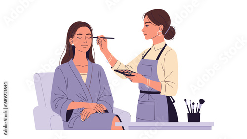 Professional makeup artist applying cosmetics to a client in a beauty salon setting with tools and brushes