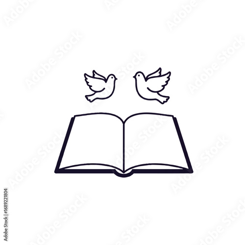 Doves flying over open book peace and knowledge symbol
