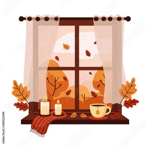 Cozy Autumn Window View with Tea Candles and Falling Leaves