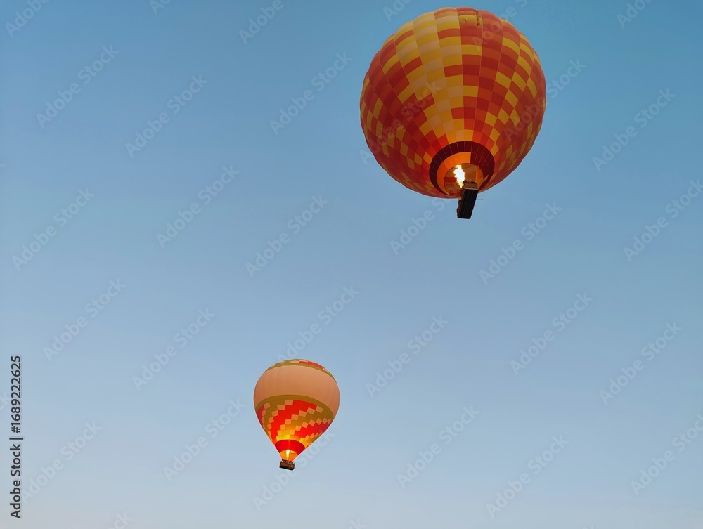 Fototapeta premium Beautiful colorful hot air balloons photo image flying in blue purple pink clear sky bottom view over amazing valleys in Pamukkale Turkey high resolution hd wallpaper perfect for campaigns