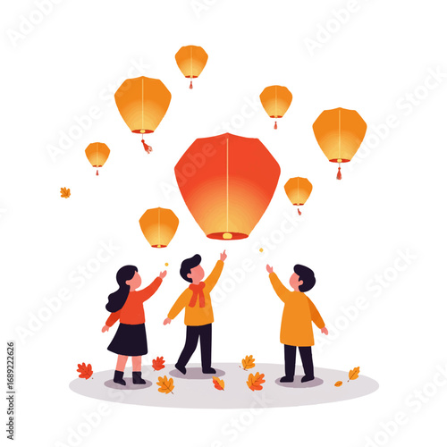 Children releasing sky lanterns illustration