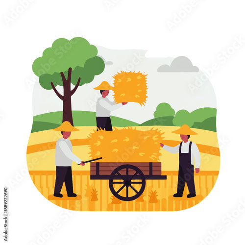 Farmers Harvesting Hay in Rural Field with Wooden Cart