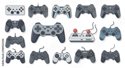 Assortment of Various Video Game Controllers, Isolated on White.