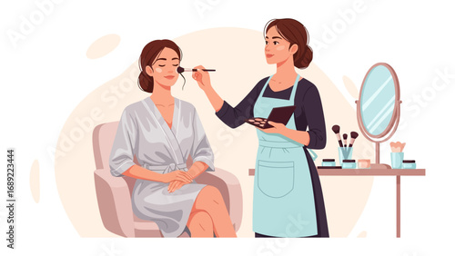 Professional makeup artist applying cosmetics to a client in a salon setting with beauty tools