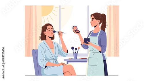 Professional makeup artist applying cosmetics to a client in a bright sunlit beauty salon setting