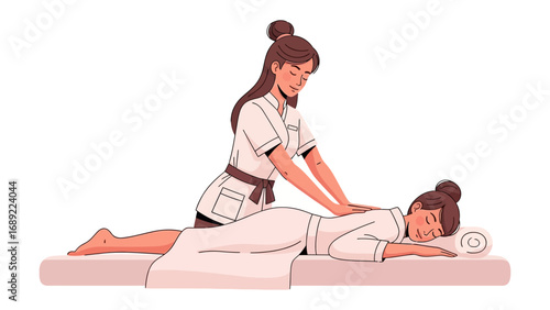 Traditional asian massage therapy session featuring a practitioner giving a back massage to a relaxed client