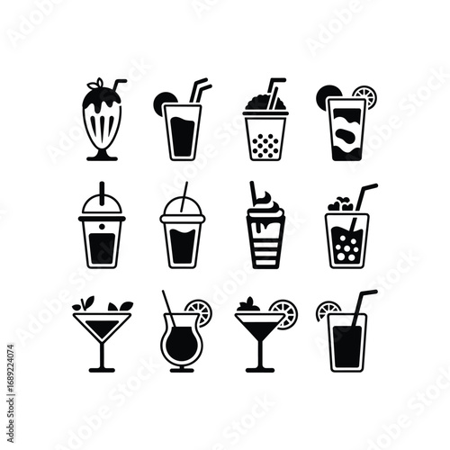 Collection of diverse refreshing beverage icons featuring smoothies cocktails and iced drinks