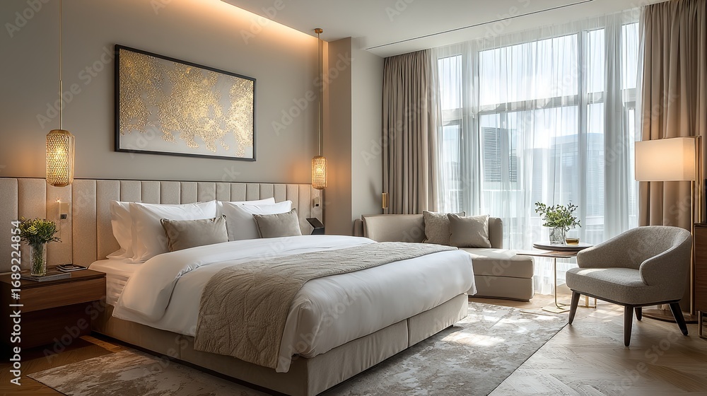 Fototapeta premium Spacious Modern Hotel Room with Elegant White Bed and Golden Accents, Creating a Comfortable Atmosphere