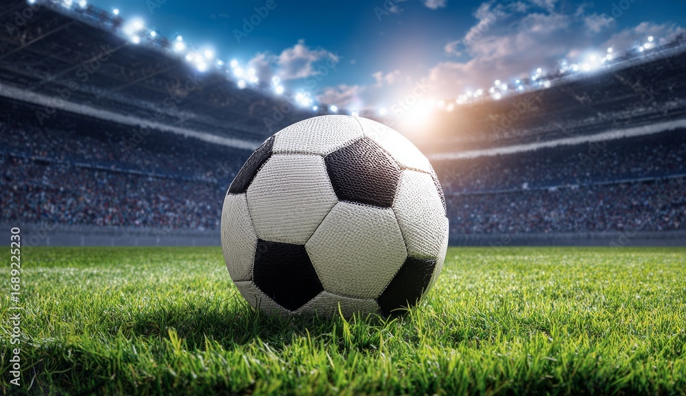Fototapeta premium Soccer Ball on Green Grass Field in Large Stadium Under Bright Lights