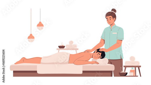 Professional massage therapist administering a relaxing therapeutic massage to a client on a spa bed