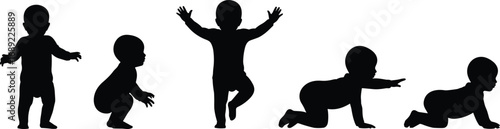 Baby, various poses, vector illustration, black and white, silhouettes, child, graphics, crawling, standing, walking, squatting, icon, development, growth, shadow, form,