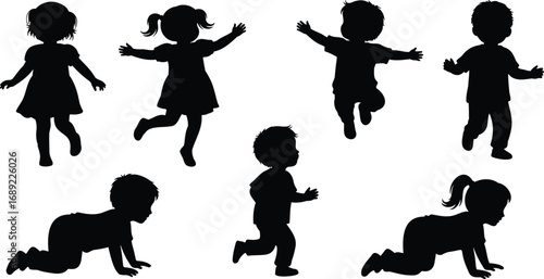 Baby, various poses, vector illustration, black and white, silhouettes, child, graphics, crawling, standing, walking, squatting, icon, development, growth, shadow,