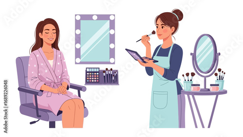 Professional makeup artist applying cosmetics to a seated client in a well lit studio setting