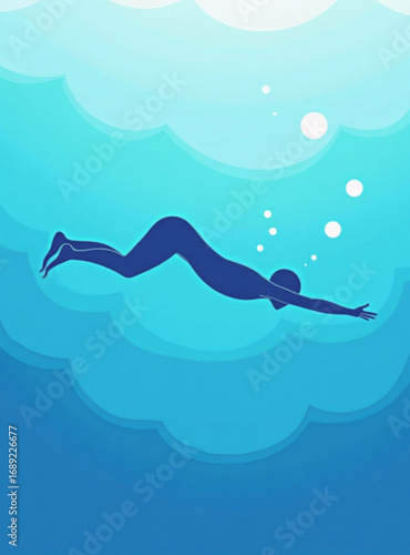 Submerged Serenity: A silhouette of a person gracefully glides underwater, captured in a serene illustration, evoking a sense of peace and tranquility.