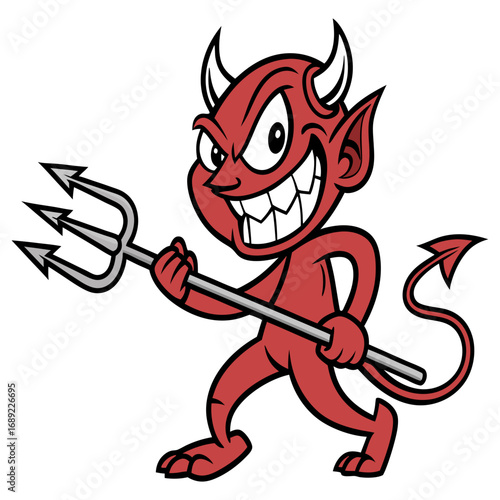 Evil Grinning Devil Cartoon with Trident | Halloween Demon Character