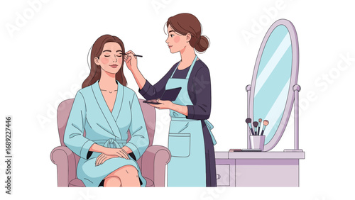 Professional makeup artist applying cosmetics to a client in a salon setting with a large mirror