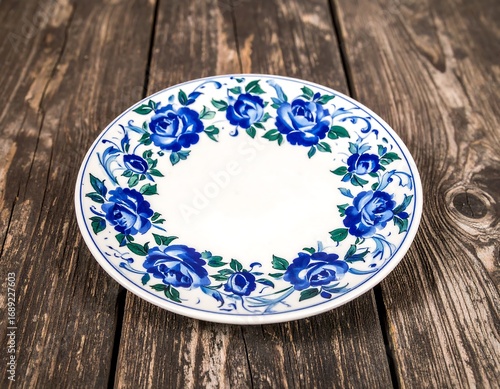 White plate with blue floral design on rustic wood