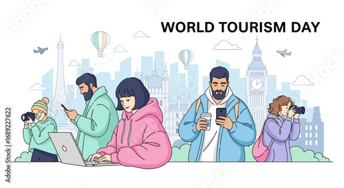 A diverse group of modern travelers celebrates World Tourism Day, exploring iconic global cities and connecting through technology.