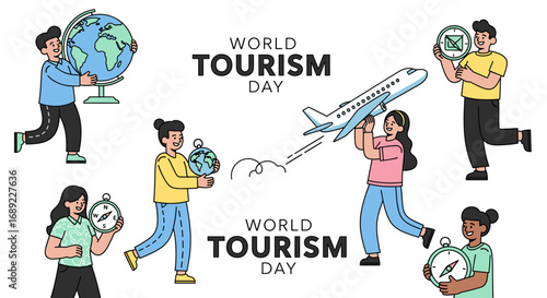 Diverse individuals joyfully celebrate World Tourism Day, holding globes, airplanes, and compasses, symbolizing global adventure and exploration.