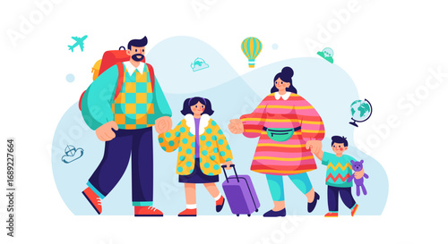 A happy family with parents and two children is eagerly preparing for an exciting global vacation journey, carrying their luggage and backpacks.