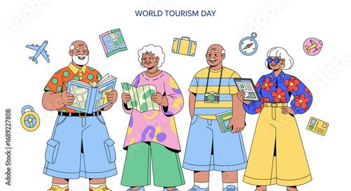 Four happy senior travelers prepare for an exciting global adventure, surrounded by essential travel accessories and maps.