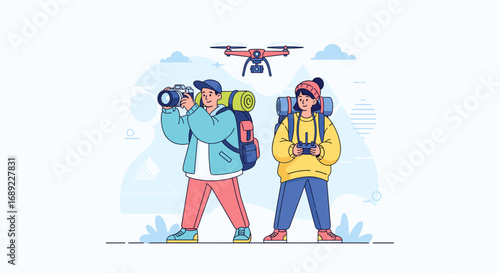 A modern vector illustration depicts an adventurous couple exploring the outdoors with their camera and drone, capturing stunning views on their exciting journey.
