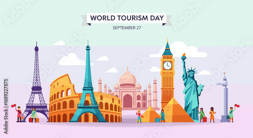 A vibrant illustration for World Tourism Day, featuring iconic global landmarks and diverse people celebrating international travel.