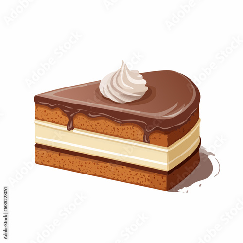 An appetizing slice of layered chocolate cake with a creamy filling, topped with glossy ganache and a swirl of whipped cream