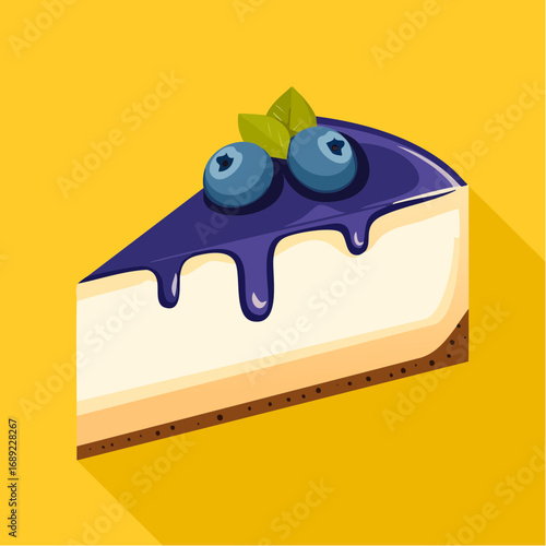 A delectable slice of creamy blueberry cheesecake with a rich fruit topping and fresh mint garnish. A sweet dessert illustration perfect for cafes and bakeries
