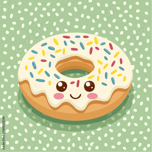 A delightful cartoon illustration of a cute kawaii donut with a smiling face, white icing, and colorful sprinkles on a green polka dot background