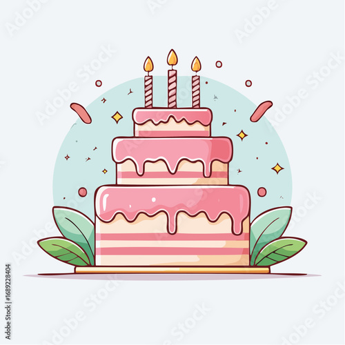 A delightful three-tiered birthday cake with pink frosting and lit candles, a sweet vector illustration for any celebration