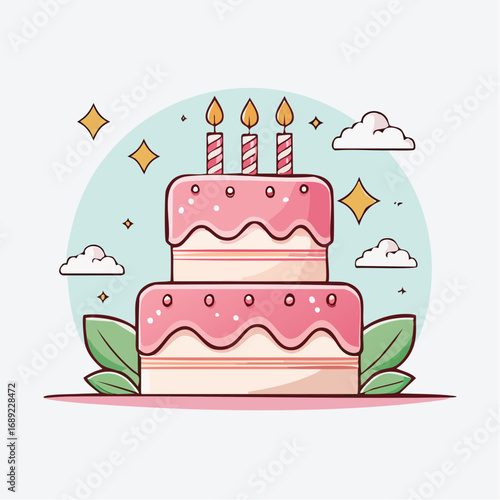 Adorable cartoon illustration of a festive two-tiered pink birthday cake with three lit candles for a happy celebration